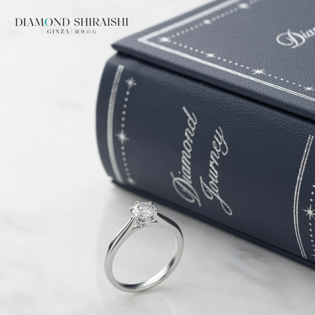 Silver engagement ring beside a book.